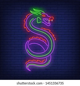 Beautiful dragon logo neon sign. Chinese, mythology, culture, fantasy design. Night bright neon sign, colorful billboard, light banner. Vector illustration in neon style.