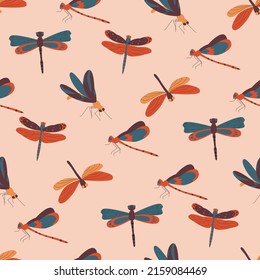 Beautiful dragonflies with colorful wings seamless pattern. Flat vector illustration