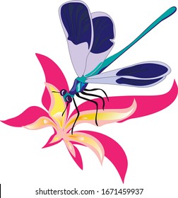 Beautiful dragonfly with blue wings sitting on a lily flower, vector illustration. For design patterns, summer prints, decor, summer mood, books, cards