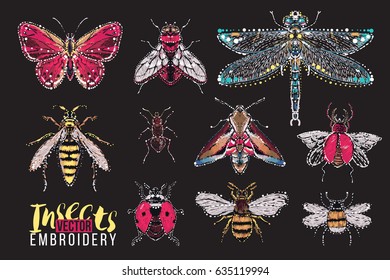 Hermosa libélula, bicho marrón, hormiga forestal, pequeña mariposa roja, mosca roja, mariposa nocturna, abeja grande, avispón, albañil volador, pequeña abeja graciosa, bicho volador rojo. Parches vectoriales bordados cristales
