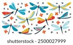 Beautiful dragonfly insect set with different wings decorative art patterns and ornaments. Collection of summer flying bugs zoology species vector illustration. Entomology and wildlife concept