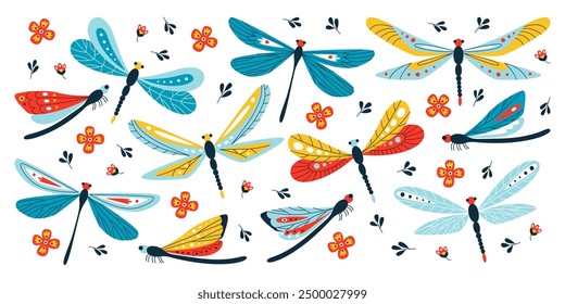 Beautiful dragonfly insect set with different wings decorative art patterns and ornaments. Collection of summer flying bugs zoology species vector illustration. Entomology and wildlife concept