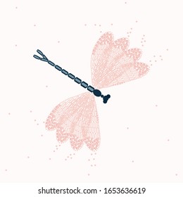 Beautiful dragonfly on a white background. Hand drawn.  Vector illustration. Pattern for card, invitation, wrapping paper, textile fabric 