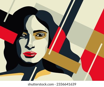 Beautiful dramatic brunette woman portrait in 1920s Art Deco style in abstract angular geometric decoration