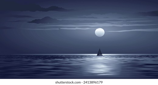Hermosa noche dramática en el océano con velero