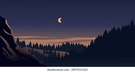 Beautiful dramatic night over forest with moon and hills