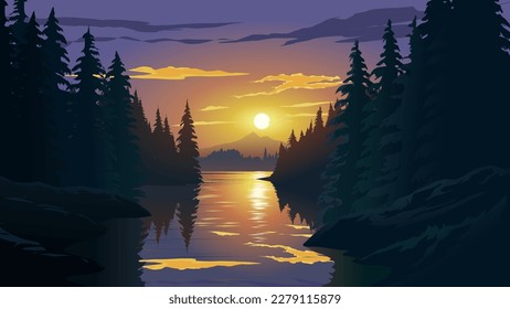 Beautiful dramatic sunset illustration with river and forest