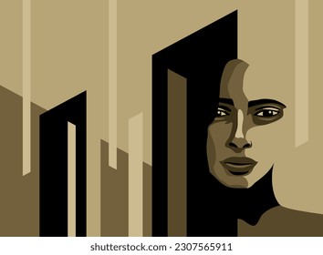 Beautiful dramatic woman portrait in 1920s Art Deco style in abstract angular geometric decoration