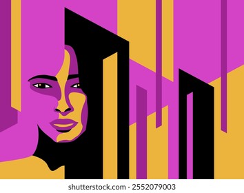 Beautiful dramatic woman portrait in 1920s Art Deco style in abstract angular geometric decoration in black, pink and yellow colors