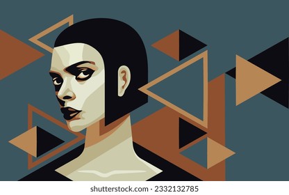 Beautiful dramatic woman portrait in Art Deco style in abstract angular geometric style