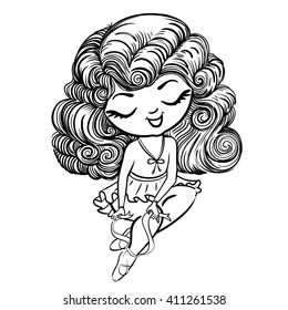 Beautiful drawing ballerina. A cute little girl tying ribbon on pointe shoes. Black and white sketch. Vector Stock illustration isolated on white background. Dancer in pointe shoes and tutu. 