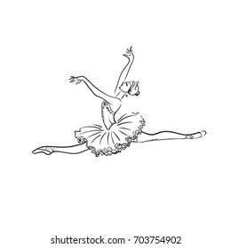 Beautiful drawing ballerina. Dancer is jumping. Line dancer in pointe shoes and tutu. Ballet banner. Vector Stock illustration isolated on white background. Realistic  black and white ballerina.