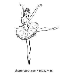Beautiful drawing ballerina on a white background. Line dancer in pointe shoes and tutu. Ballet banner. Vector Stock illustration isolated on white background. Realistic  black and white ballerina.