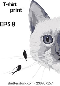 beautiful drawing of a cat with blue eyes and birds mustache executed in watercolor print T-shirt