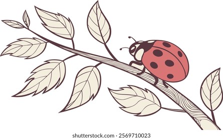 Beautiful Drawing of a Ladybug on a Branch Vector Illustration