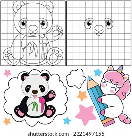Beautiful drawing learning page for kids. Drawing animals panda lesson for children