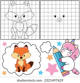 Beautiful drawing learning page for kids. Drawing animals fox lesson for children