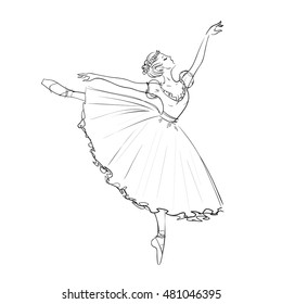 Beautiful drawing Linear ballerina isolated on a white background, sketch.Ballet concept.