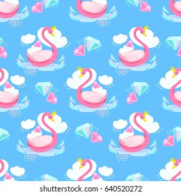 Beautiful drawing swan couple pattern vector illustration. Cartoon cute swan seamless