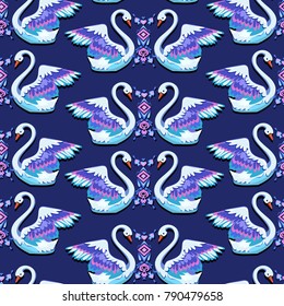 Beautiful drawing swan couple pattern vector illustration. Cartoon cute swan seamless