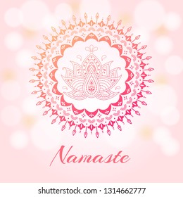 Beautiful drawn indian lotus banner. Cute pretty folk festive round vector illustration on pink background with bokeh.