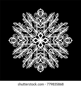 Beautiful drawn snowflake, white on a black background. Isolated vector illustration. Silhouette icon. 