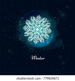 Beautiful drawn snowflake, white on a blue background, surrounded with shiny cloud of sparks. Good original vector illustration. Can be used like background, banner, card, other. 