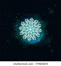Beautiful drawn snowflake, white on a blue background, surrounded with shiny cloud of sparks. Good original vector illustration. Can be used like background, banner, card, other. 