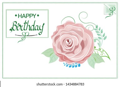 the beautiful drawn vector pink rose, with green leaves, happy birthday flower card