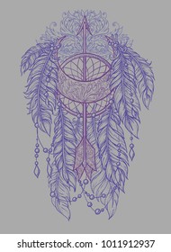 Beautiful dream catcher with feathers, an arrow and a crescent moon