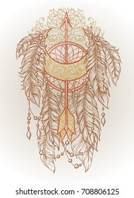 Beautiful dream catcher with feathers, an arrow and a crescent moon