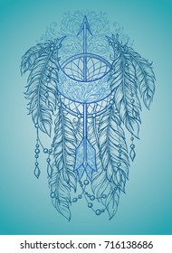 Beautiful dream catcher with feathers, an arrow and a crescent moon