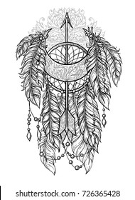 Beautiful dream catcher with feathers, an arrow and a crescent moon