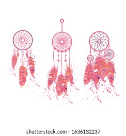 Beautiful dream catcher, great design for any purposes. Art vector illustration. Fashion print design texture. Decoration element. Vector isolated illustration. Boho, bohemian. Vintage drawing.