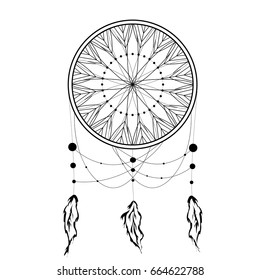 Beautiful dreamcatcher with feathers. Sketch vector illustration