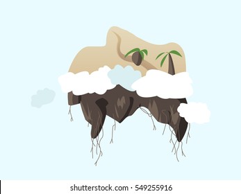 Beautiful dreaming paradise flying island with beach, wasteland, sand, road and palms - simple vector landscape background wallpaper in the blue clouds