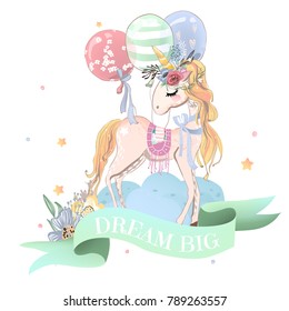 Beautiful, dreaming unicorn with floral wreath (flower bouquet) and balloons, colorfu cloud, flowers and stars. Mint colored ribbon with quote