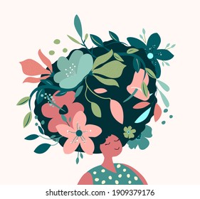 Beautiful Dreaming Woman with Flowers in Hair.Relaxing Meditation.Psychoanalysis Healthcare.International Women's Day. Vector Template with Cute Woman,Flowers for Card, Poster,Flyer .Flat Illustration