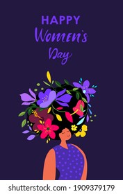 Beautiful Dreaming Woman with Flowers in Hair.Relaxing Meditation.Psychoanalysis Healthcare.International Women's Day.Vector Template with Cute Woman,Flowers for Card, Poster,Flyer.Vector Illustration