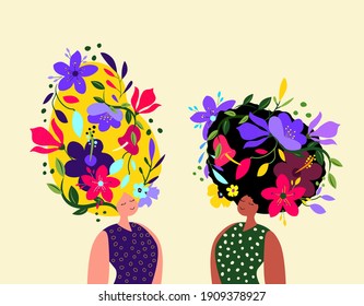 Beautiful Dreaming Women with Flowers in Hair.Relaxed Happy Girls in Meditation Calmness.International Women's Day. Vector Template with Cute Woman,Flowers for Card, Poster, Flyer. Vector Illustration