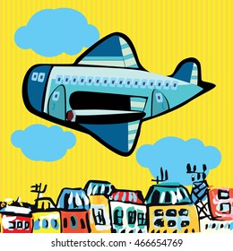 beautiful dreamlike plane, colorful plane, cartoon plane, vector cartoon cute colored houses