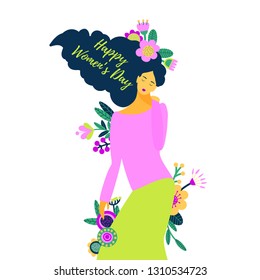 a beautiful dreamy girl as a symbol of International Women's Day; surrounded by fantasy flowers and leaves; a vector illustration in vintage style with bold colors