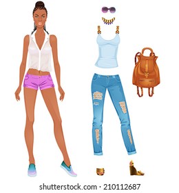 Beautiful dress up black woman paper doll, ready for cut out and play. vector illustration.
