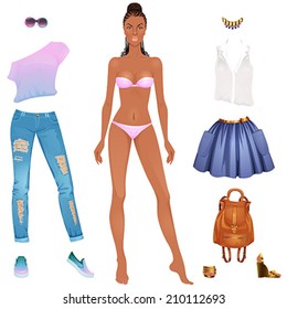 Beautiful dress up black woman paper doll, ready for cut out and play. vector illustration.