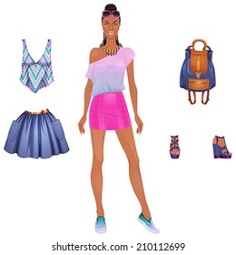 Beautiful dress up black woman paper doll, ready for cut out and play. vector illustration.