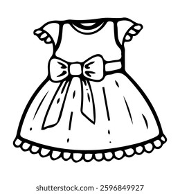 Beautiful dress with bow baby girl. Hand drawn doodle. Blouse with skirt. Festive clothes for little child. Childhood. Vector line art illustration.