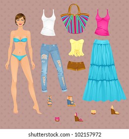 Beautiful dress up female paper doll, ready for cut out and play. vector illustration.