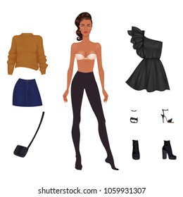 Beautiful dress up female paper doll,  ready for cut out and play. Vector illustration.