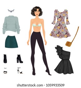 Beautiful dress up female paper doll,  ready for cut out and play. Vector illustration.