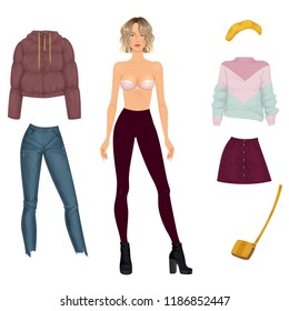 Beautiful dress up female paper doll, ready for cut out and play. Vector illustration.